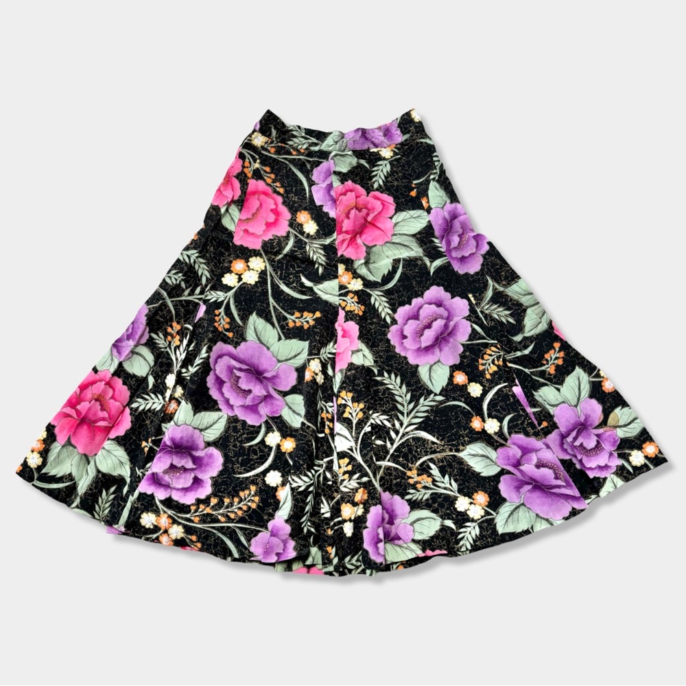 Vtg 80s Pink Purple Hawaiian Tropical Floral Print High Waist Full Skirt XXS 22”